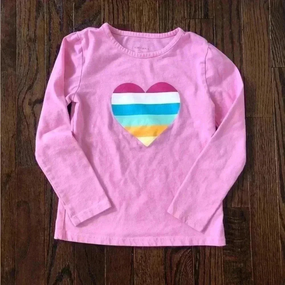 BCBGirls 6 Shimmery Multi-Colored Heart Pink Long-Sleeve Cotton Blouse